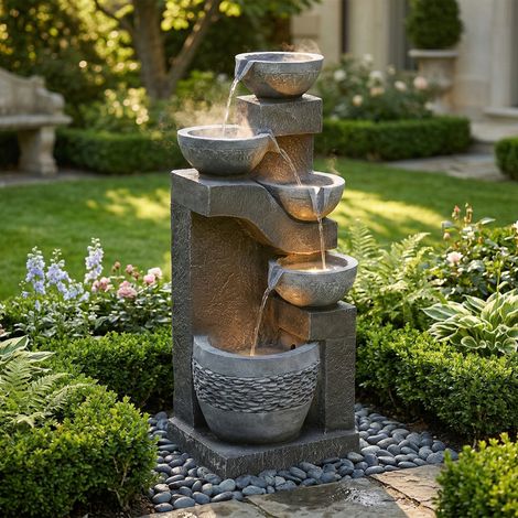 Fuente de jardín LED con bomba, efecto piedra, pila decorativa de resina, gris