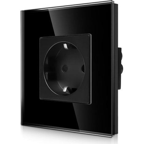 Presa a muro da incasso Schuko con cornice in vetro, a prova di bambino, 16 ampere, con messa a terra, nera. (1/5)