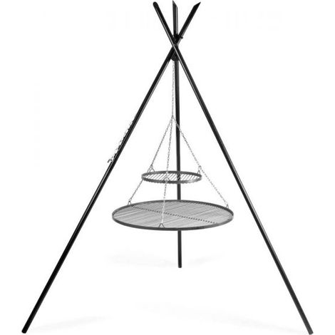 Barbecue Treppiede “TIPI” da 210 cm con 2 Griglie in Acciaio Naturale 70 cm + 40 cm