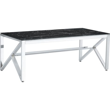 Table Basse MAJESTIQUE Rectangle Plateau Verre Trempé Marbré Noir Pieds Chrome 120x60x45cm (1/5)