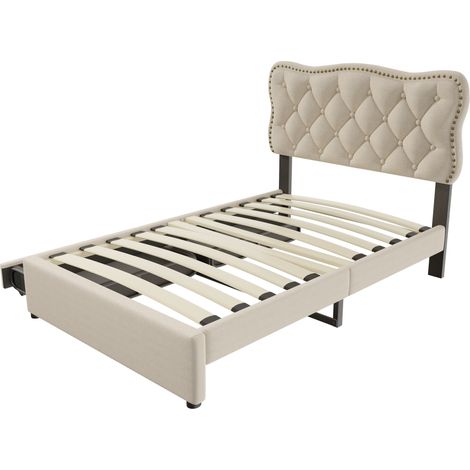 Cama tapizada 90 x 200 cm con 2 cajones, tela de lino y MDF, beige claro, MODENUIT (1/5)