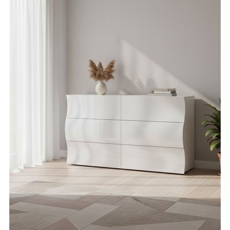 Cassettiera - 6 Cassetti Apertura Scorrevole, Bianco Lucido, -, 155.1x40x81.5h cm Brownsweg