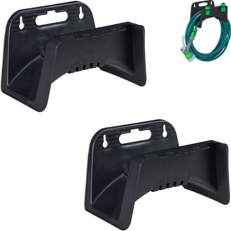 Relaxdays Hose Pipe Holder, Set of 2, Plastic Wall-Mounted Hanger, Bracket for Hosepipe, HxWxD 15 x 24 x 17 cm, Black