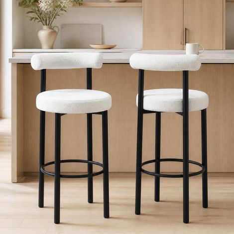 Lot de 2 tabourets de bar, chaises de bar en tissu bouclette avec dossier incurvé, repose-pieds, 50x52,5x98cm, blanc (1/5)
