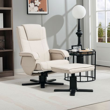 Sillón Relax Reclinable con Reposapiés Giratoria Tapizado en Lino con Base de Madera Beige (1/5)