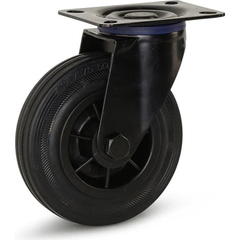 Roulette pivotante - MESO - Caoutchouc noir - Platine - 125mm - 150kg