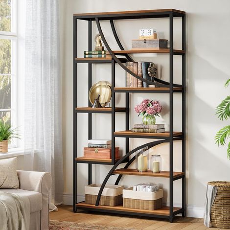 Tribesigns Libreria, Scaffale a 9 Ripiani in Legno e Metallo, Libreria Verticale Geometrica con Scaffale Aperto, 180 cm Industriale Mensola Espositiva per Soggiorno, Marrone e Nero (1/5)