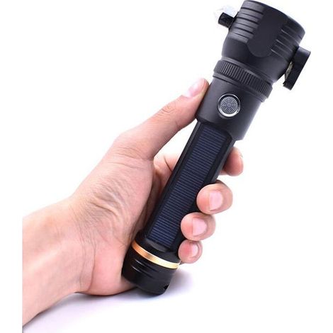 Solaire Lampe Torche LED Ultra Puissante Rechargeable Lampe de Poche avec Aimant Marteau Couteau Boussole Alarme Modes Zoomable pour Survie Camping Voiture Étanche [Classe énergétique A+++] (1/5)