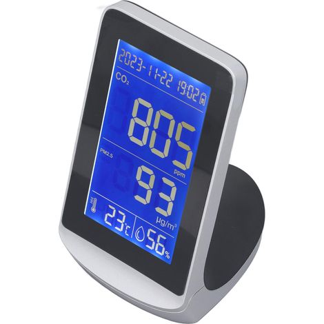Moniteur de qualité de l'air avec affichage numérique, détecteur de CO2, PM1.0, 2.5, 10, température et humidité, et alerte de batterie faible. (1/5)