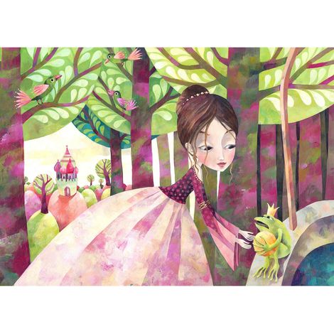 Tableau princesse et grenouille pour chambre de fille | Tableau rose & vert pour chambre d'enfant | Tableau sur toile chambre bébé 0,7 x 0,5 m (1/2)