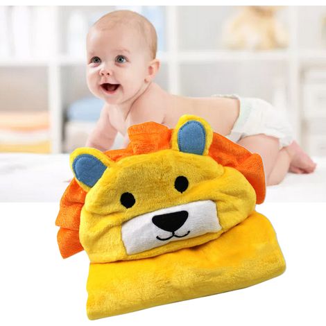 Couverture à capuche douce pour enfants en velours corail, forme lion jaune - idéale pour bébés (1/5)