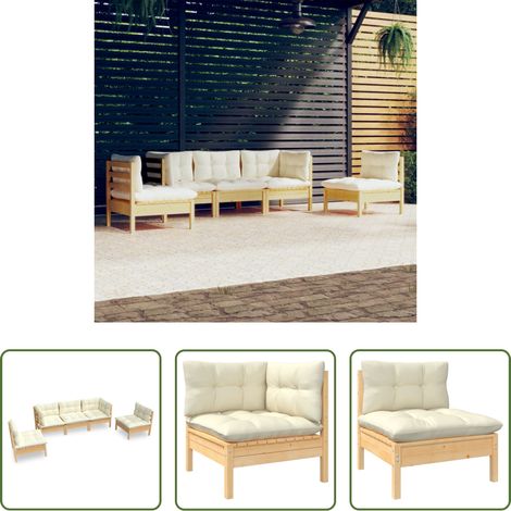 Holzsofa - 5-tlg. Garten-Lounge-Set mit Creme Kissen Massivholz Kiefer (1/5)