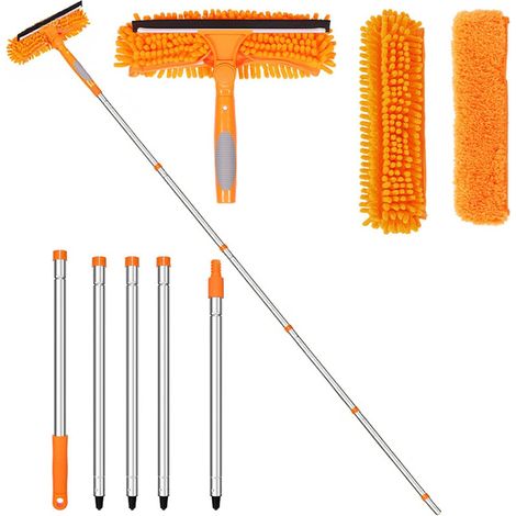 Kit de nettoyage de vitres télescopique 2 en 1 de 235 cm avec tête rotative, pour un nettoyage efficace des vitres intérieures et extérieures ainsi que des vitres de voiture.