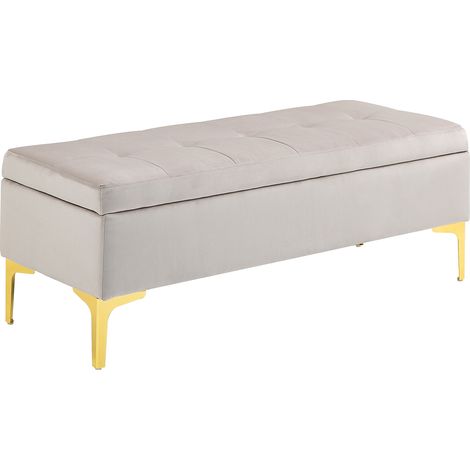 Banc coffre velours rembourré, fond de lit brodé à boutons, pieds dorés, 120x44x44.5cm, gris clair