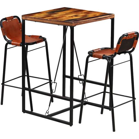 vidaXL Set muebles bar 3 pzas madera reciclada cuero cabra auténtico (1/5)