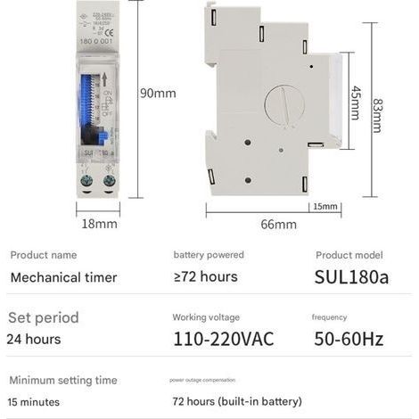 Mechanischer 24-Stunden-Timer, Mindestzeit 15 Minuten, Schienenmontage, integrierter Akku, SUL180a AC220–240V Grau (1/4)