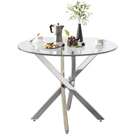 Table de salle à manger ronde, 80 x 80 x 75 cm, plateau en verre trempé, style moderne, pieds galvanisés, design minimaliste, finition argentée. (1/5)