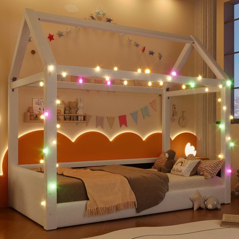 Lit enfant maison rembourré en MDF et tissu beige 90x200 cm avec LED et sommier à lattes inclus (1/5)