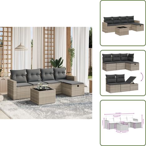 6-tlg. Garten-Sofagarnitur mit Kissen Hellgrau Poly Rattan - Gartenmöbel - Sofasatz - Rattanmöbel - Outdoormöbel - Gartentisch (1/5)