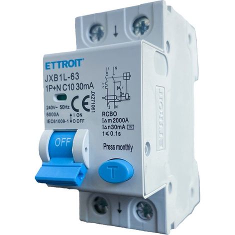ETTROIT Disjoncteur différentiel 1P+N 10A 6kA 30mA 220V occupe 2 modules DIN JX271061 (1/4)