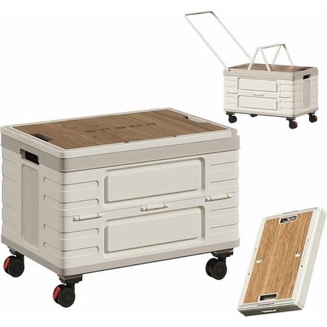 Boîte de rangement pliable pour le camping - Boîte de camping avec couvercle en bois lesté - 60 L - Avec roulettes pivotantes et poignée - Organiseur - Pour - Camping - Maison - Bureau - Voiture (Blan (1/5)
