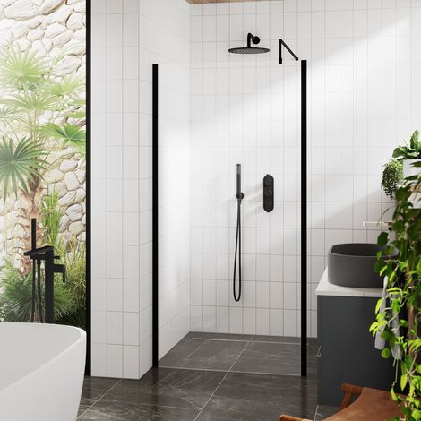 Hudson Reed Outer Framed Matt Black Wetroom Screen with Support Bar 900mm W x 1950mm H - 8mm Glass (1/4)