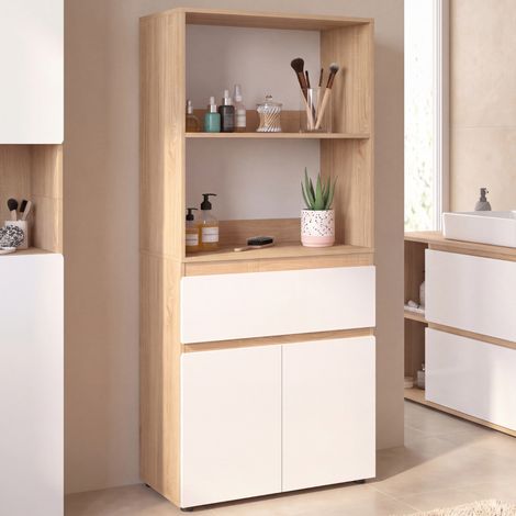 Mueble de baño TOMI de 2 puertas y 1 cajón con estantes de haya y blanco