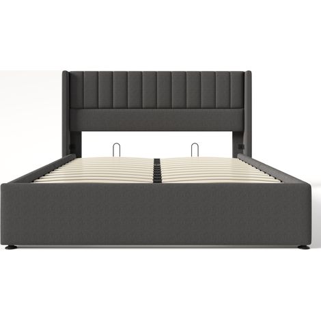 Lit coffre hydraulique 180x200 cm en lin gris avec cadre métallique et sommier bois MODENUIT (1/5)