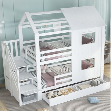 Lit superposé enfant 90x200 cm blanc en pin massif et MDF avec escalier-rangement et tiroir (1/5)