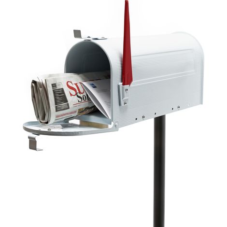 Wiltec Set US Mailbox weiß 180 x 220 x 480 mm, amerikanischer Briefkasten mit Fahne, Standbriefkasten Stahl amerikanisches Design mit passendem Standfuß
