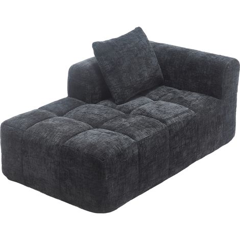 Sofá chaise longue negro de chenilla sin montaje, con cojín y bolsillos laterales (1/5)