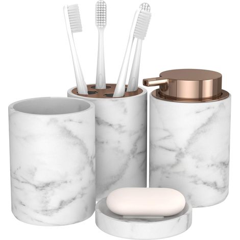 Accessoires Salle De Bain - Set Marmora 4 pièces - Ensemble Salle de Bain de Luxe Effet Marbre avec Porte Brosse à Dents, Distributeur de Savon, Porte-Savon et Gobelet - Rose (1/5)