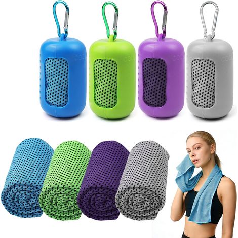 Lot de 4 serviettes rafraîchissantes, 90 x 30 cm, en microfibre, à séchage rapide, avec housse en silicone et mousqueton, pour le fitness, la salle de sport, le yoga et les voyages (4 couleurs) (1/5)