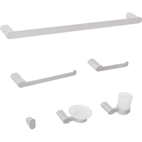 Conjunto de 6 accesorios de baño minimalista de aluminio vaso y jabonera de vidrio incluidos plateado Paracas