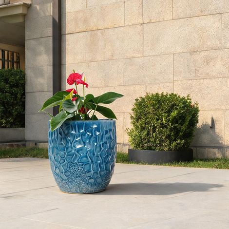 Pot de fleurs en céramique bleu Ø22,5 cm motif martelé (1/5)