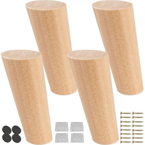 25CM Pieds De Meubles En Bois, 4 PCS Pieds De Table Inclinés Coniques Avec Plaque de Montage & Vis,Remplacement Pieds De Lit En Chêne Pour Canapé Chaise Cabinet Fauteuil Armoire,Naturel Vernis (1/4)