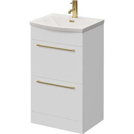 Napoli 390 Gloss White 500mm 2 Drawer Vanity Unit with Arc Basin - 500mm - Brushed Brass 320mm Handle