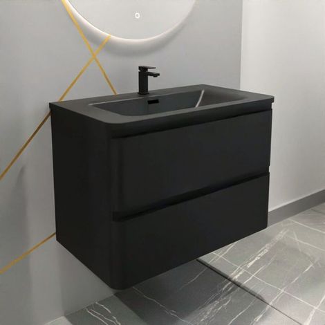 Cuisibane – Meuble salle de bain suspendu 80 cm – Finition noir mat – 2 tiroirs avec coulisses à sortie totale – Vasque en résine surfacée noir