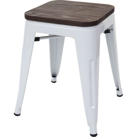 Sgabello basso con seduta in legno design industriale impilabile in metallo bianco 040005327