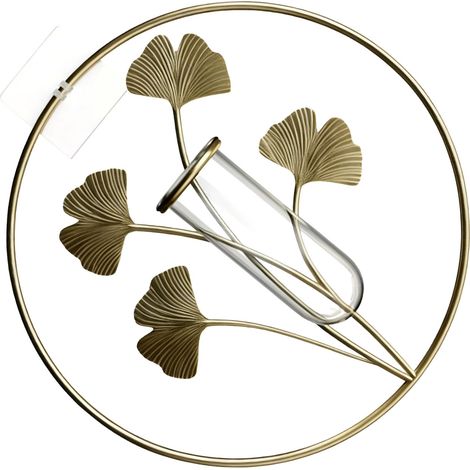 Vase mural tube verre transparent fer art suspension fleur – Salle à manger salon creux feuilles ginkgo, décoration (1/5)