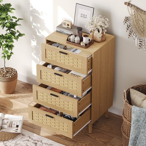 Comò 55x40x95 cm, con 4 cassetti in vimini, ampio piano di appoggio, maniglie metalliche nere, stile country - Naturale