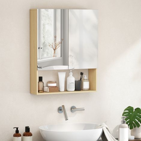 Meuble de salle de bain. Portes miroir. Étagère ouverte. Fixation murale. MDF. Panneaux de particules. Chêne. (1/5)