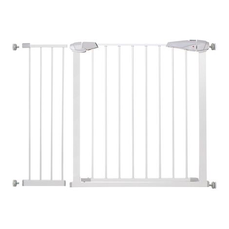 Barriera per scale da 76 a 113 cm, cancellata a pressione, protezione bianca.