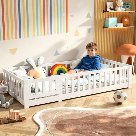 FOERPL-Kinderbett 90 x 200 cm, Montessori Bodenbett mit Schutzgitter und Tür, Einzelbett gestell 90x200 aus massivem Kiefernholz mit Lattenrost und Sicherheitsgitter zum Schutz vor Stürzen (1/5)