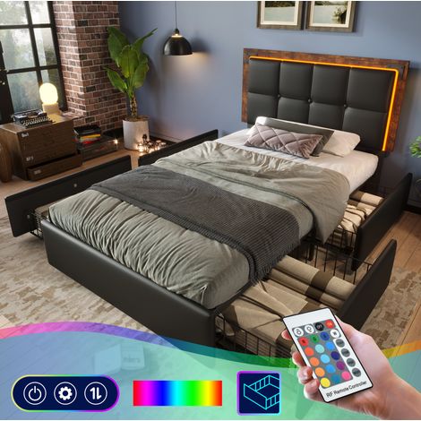 MEUBLIV Bettgestell 90x200 cm Schwarz – mit LED und 4 Schubladen, ohne Matratze (1/5)