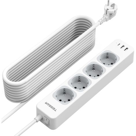 7 en 1 Multiprise 4 Sortie AC avec 3 USB, Rallonge Electrique 10M Prise Multiple avec Interrupteur 2500W, Conivent pour Bureau, Maison, Compatible Phone et Électroménager, Gris (1/5)