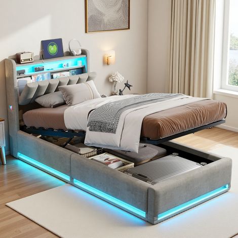 Lit Coffre avec Rangement, Lit 1 Places avec Éclairage LED et Charge USB, Tête de Lits Capitonné avce Étagères Ouvertes et Rangement Caché, Lit simple Rembourré avec Sommier à Lattes pour Adultes et A (1/5)