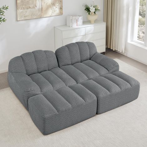 Canapé modulable 2 places avec 2 poufs, sans armature, en mousse haute densité 32D, idéal pour le salon et l'appartement, design antidérapant, tissu doux, gris. (1/5)