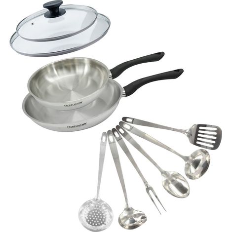 Set 2 poêles 24 et 28 cm en inox, couvercle verre et 6 ustensiles inox Fackelmann Geneva (1/5)