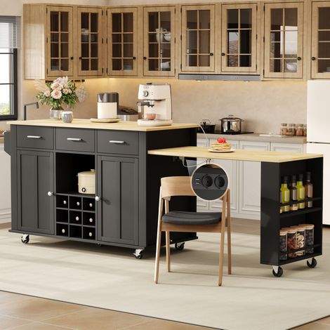 Isola da cucina 136(223)x50x93 cm, piano estraibile, 3 cassetti, porta vino, MDF, nero e naturale (1/5)